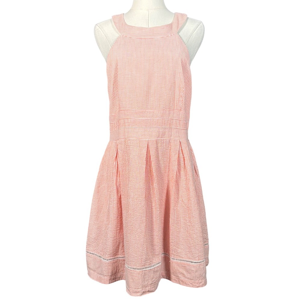 Teeze Me Pink White Seersucker Stripe Pleated Keyhole Back Dress 13